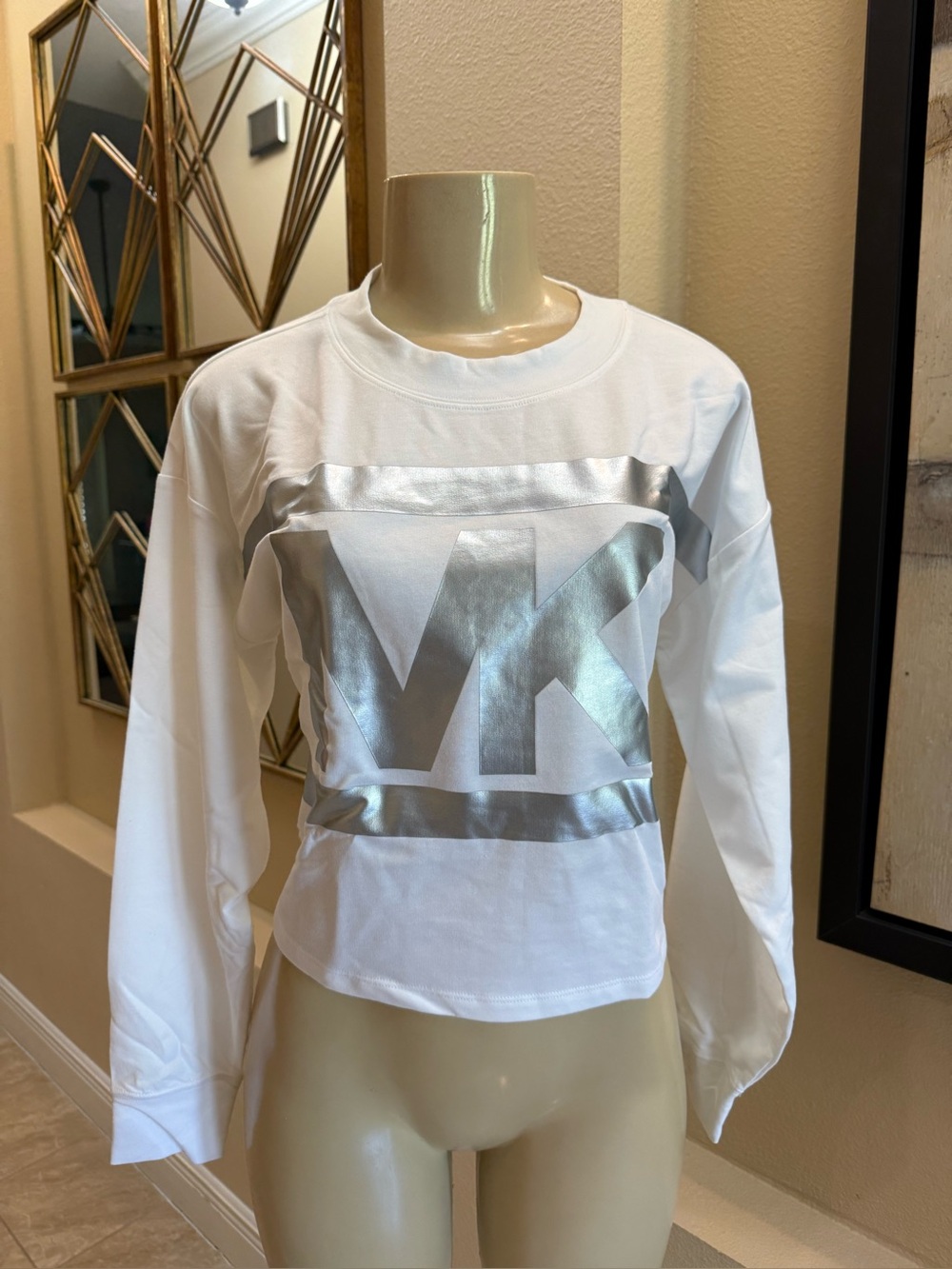 MICHAEL Michael Kors white Long Sleeve T Shirt with Silver Logo. New with tags